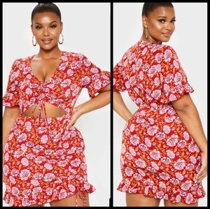 Plus Red Floral Ruched Detail Cutout Bodycon Dress
